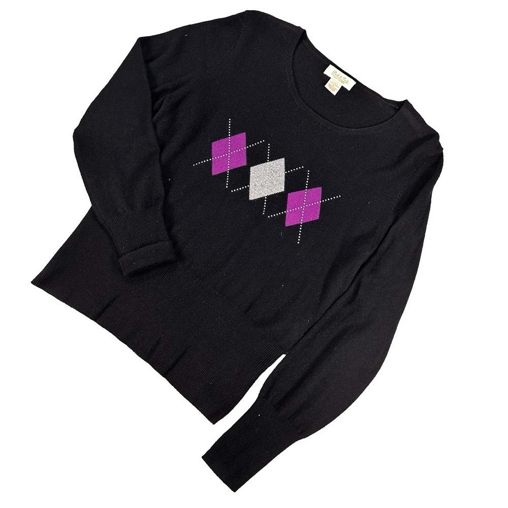 Peck and Peck 2 Ply Pure Cashmere Black Sweater Rhinestones Diamond Graphic XL